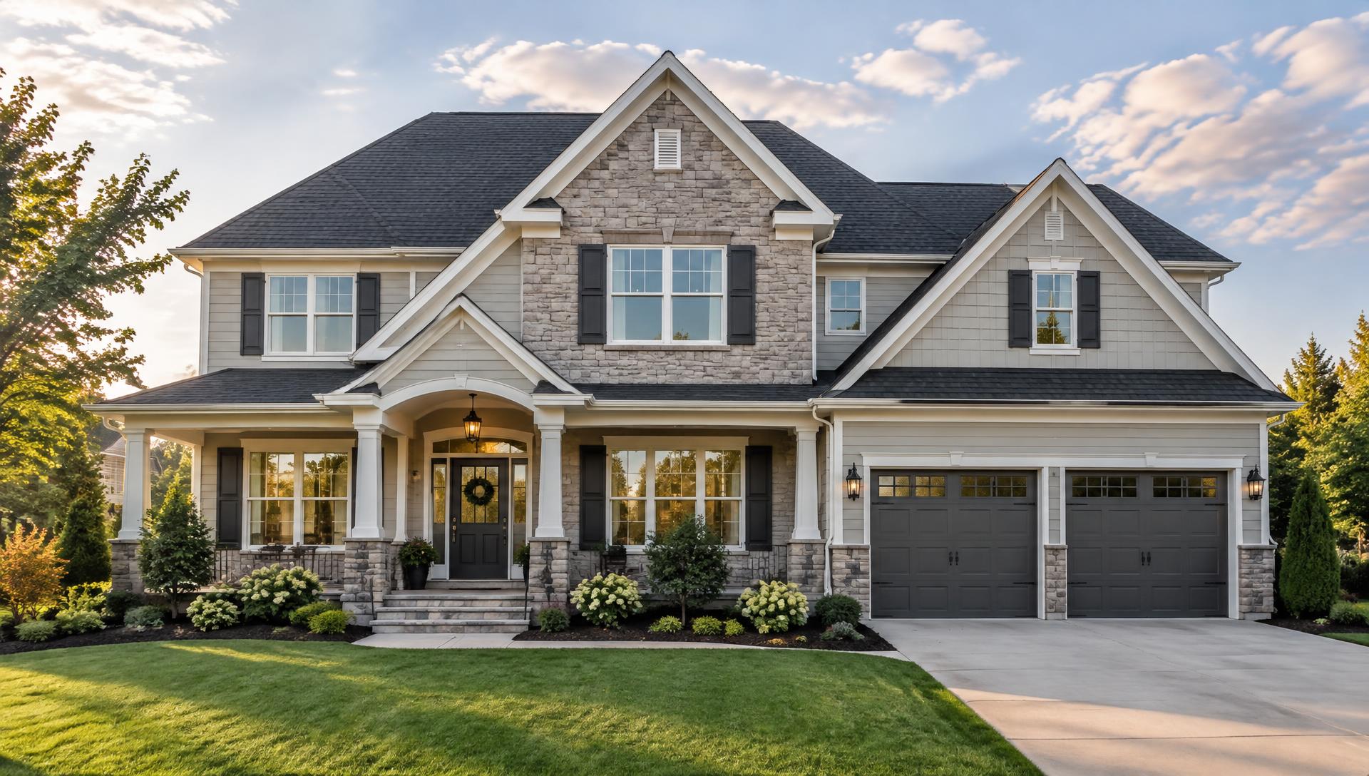 Two-story suburban home with a new dark architectural shingle roof in late-afternoon light